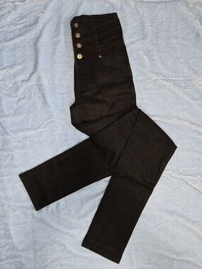 High-Rise Button-Front Black Skinny Jeans